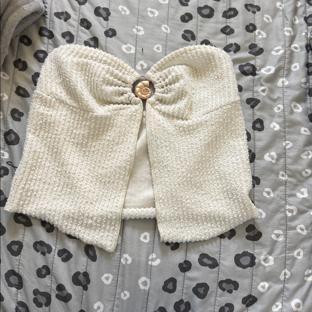 Cream Strapless Knit Top with Button Detail